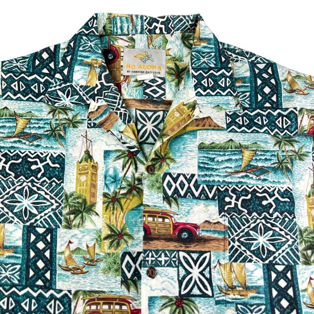 Ho Aloha Vintage Hawaiian Shirt Men's XL Teal Island Tribal Print Aloha Resort